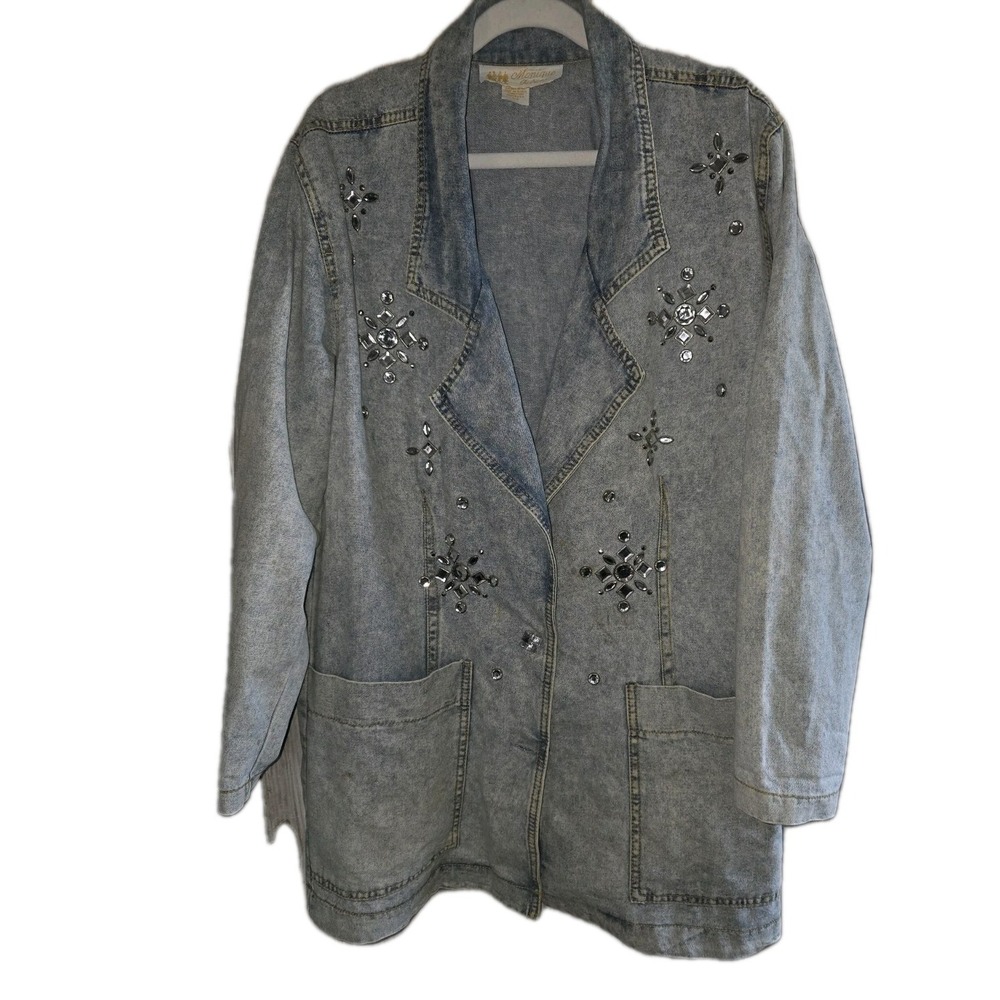 Vtg 80s Rhinestone Acid Wash Denim Blazer Jacket Oversized Fit USA Y2K